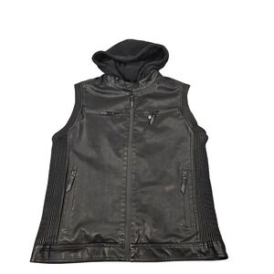 Fried Denim Mens L Black Faux Leather Hooded Vest Zip Pockets Quilted Lining